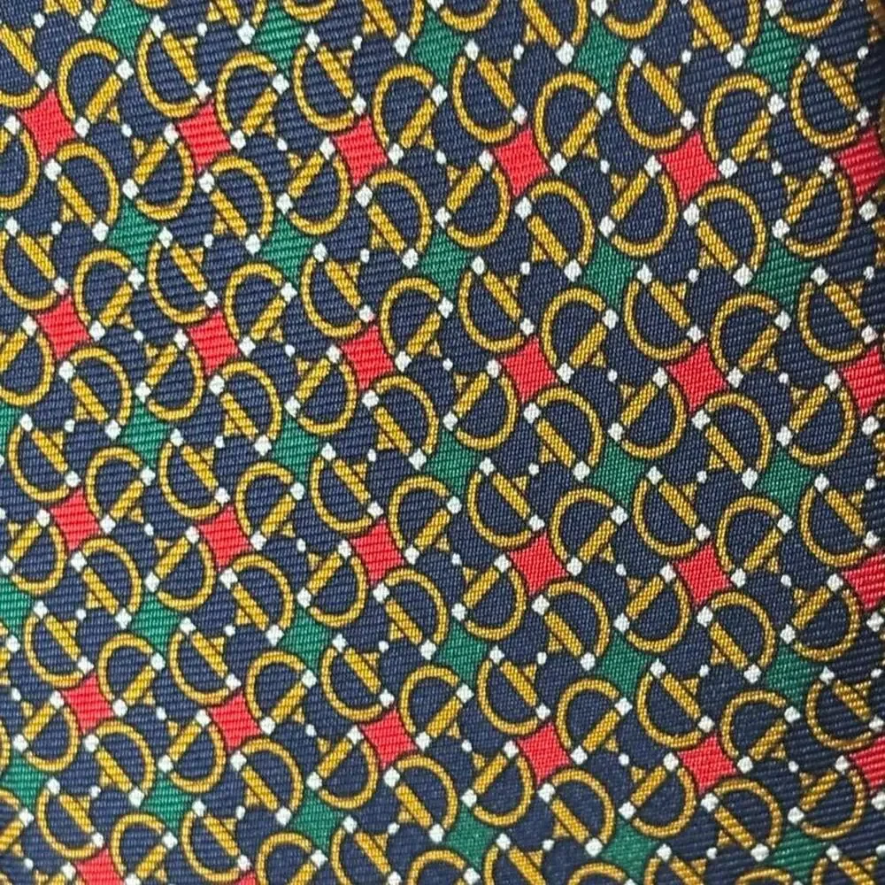Vintage Gucci Silk Tie Italy Horsebit Stirrup Print Navy Red Green Equestrian
